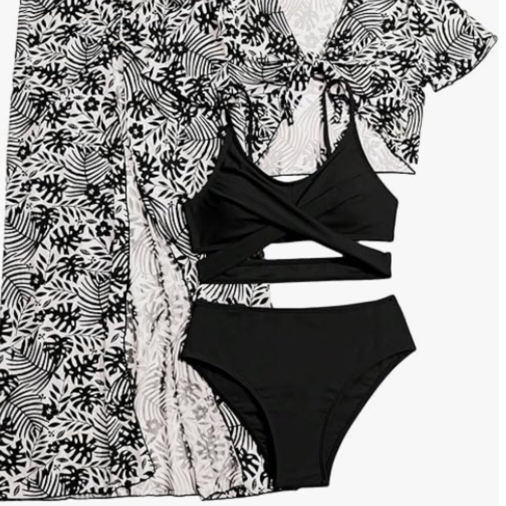 SOLY HUX Girl's 4 Piece Swimsuit Criss Cross Wrap Bikini Set Bathing Suit 10/11